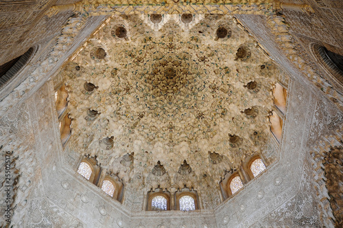 Hall of the Two Sisters  Sala de Dos Hermanas   ceiling decorated with typical Islamic muqarnas in the Palace of the Lions of the Alhambra. Granada  Spain