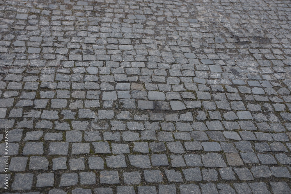 gray stone texture of old square paving tiles on the road