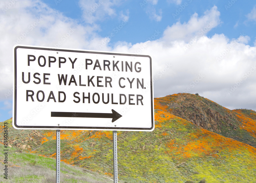 Φωτογραφία View of sign for poppy fields in the hills along Walker Canyon in Lake Elsinore, Southern California exploding in orange poppy flowers, cloudy skies above