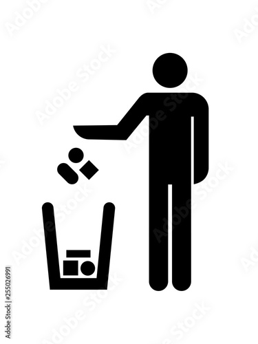 mülleimer müll abfall wegwerfen mülltonne tonne dreck sauber machen recyceln entsorgen pictogramm mann figur männlich stehend neutral zeichen symbol mensch silhouette logo design