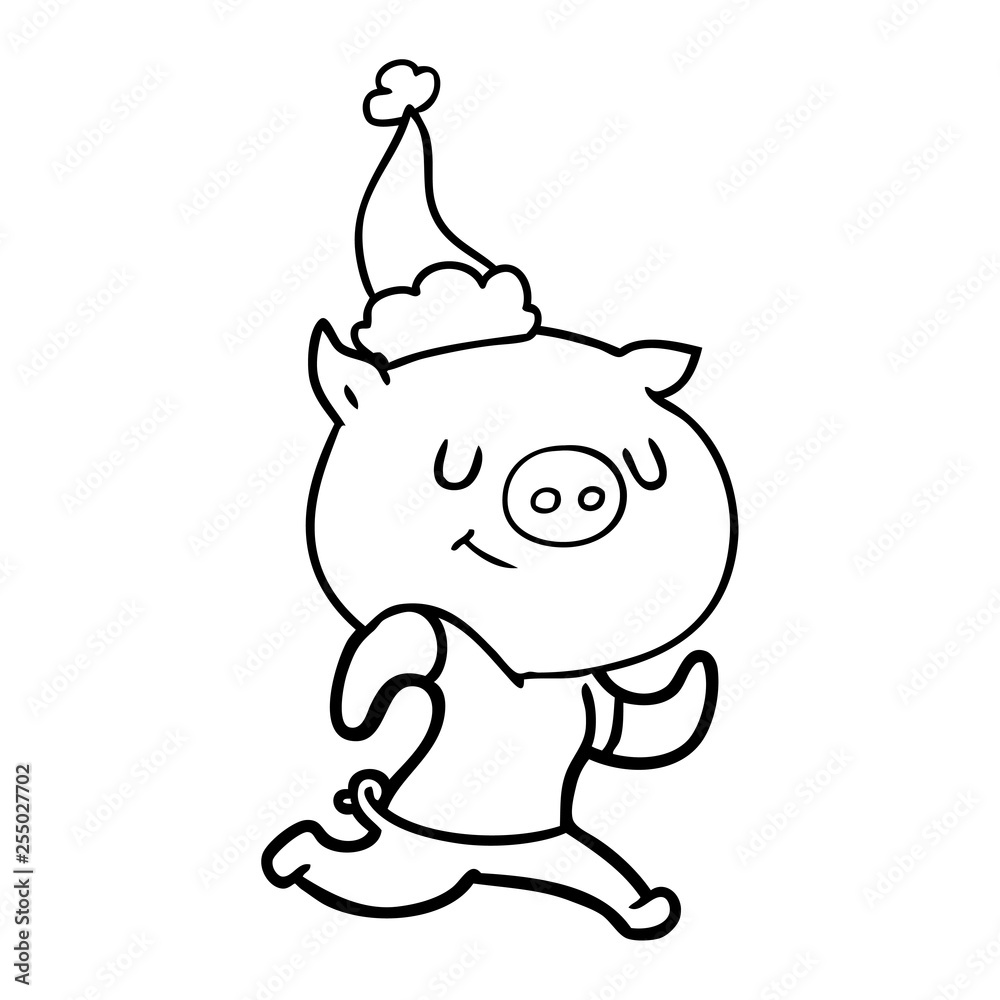 happy line drawing of a pig running wearing santa hat happy line drawing of a pig running wearing santa hat