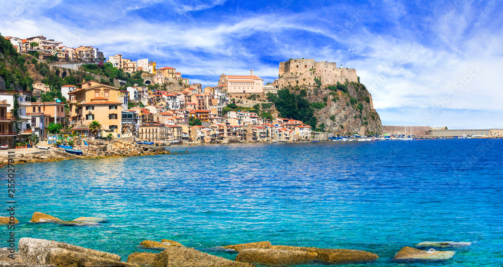 beautiful sea and places of Calabria - medieval Scilla town with old castle. south of Italy