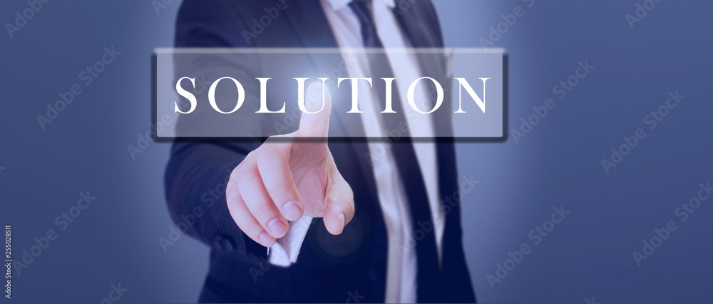 suit businessman touch solution word on digital screen suit businessman touch solution word on digital screen