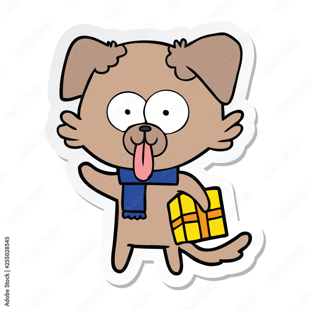 Fototapeta premium sticker of a cartoon dog with christmas present