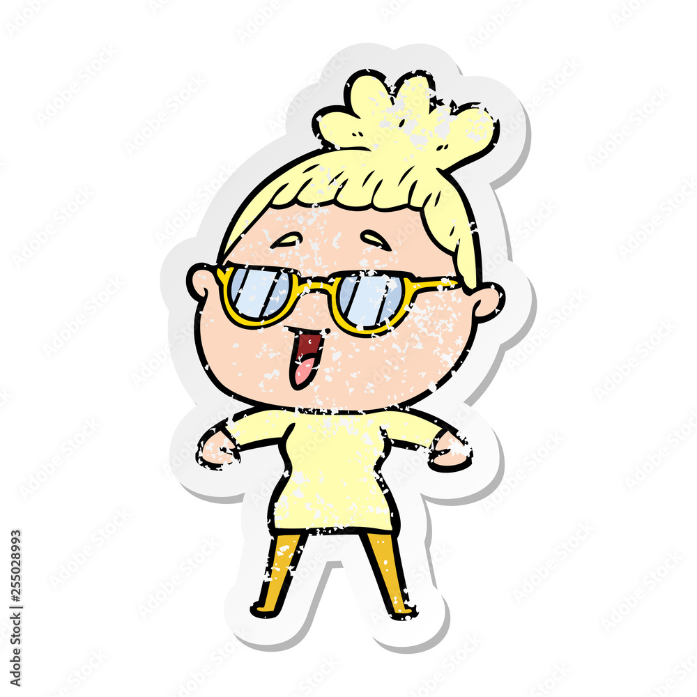 distressed sticker of a cartoon happy woman wearing spectacles distressed sticker of a cartoon happy woman wearing spectacles