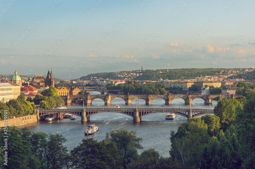 Panoramic view of Vltava river with Charles bridge and historic towers