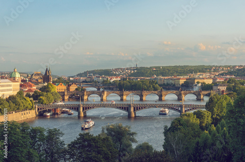 Panoramic view of Vltava river with Charles bridge and historic towers
