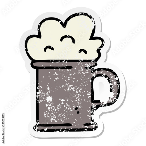 distressed sticker of a quirky hand drawn cartoon tankard of beer
