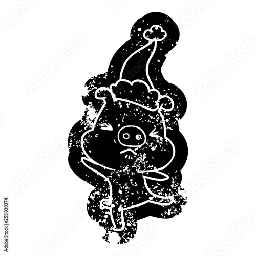 cartoon distressed icon of a furious pig wearing santa hat