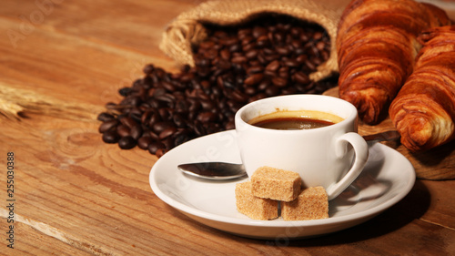 Coffee white cup and croissants