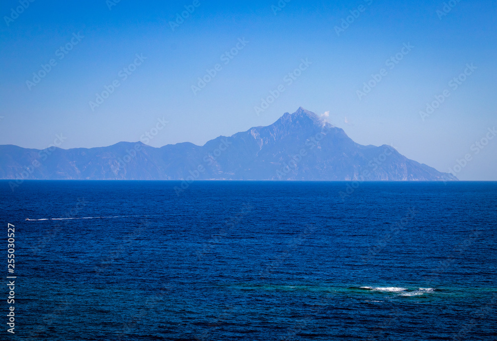Beautiful seascape with view of Mount Athos. Chalkidiki, Greece