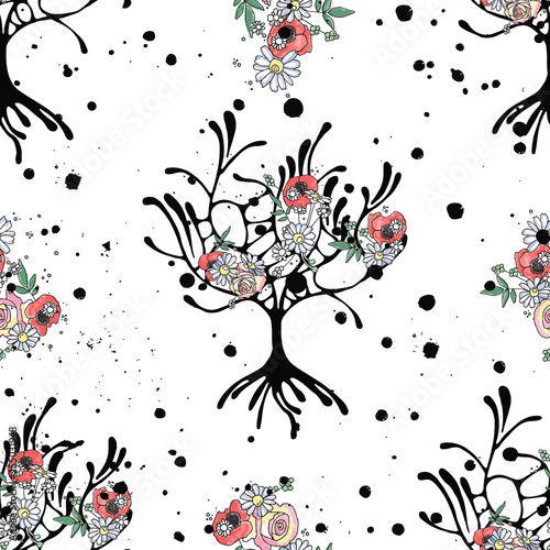 Vector hand drawn seamless pattern graphic illustration of tree with flowers leaves branch, rose, poppy Sketch drawing, doodle style Artistic abstract, watercolor wirh drip blot splotch ink splodge 