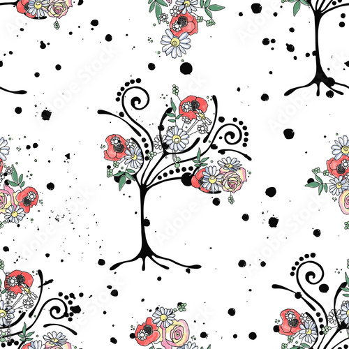 Vector hand drawn seamless pattern graphic illustration of tree with flowers leaves branch, rose, poppy Sketch drawing, doodle style Artistic abstract, watercolor wirh drip blot splotch ink splodge 