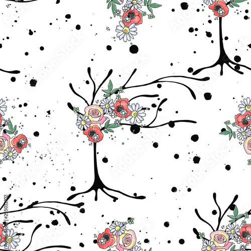 Vector hand drawn seamless pattern graphic illustration of tree with flowers leaves branch, rose, poppy Sketch drawing, doodle style Artistic abstract, watercolor wirh drip blot splotch ink splodge 