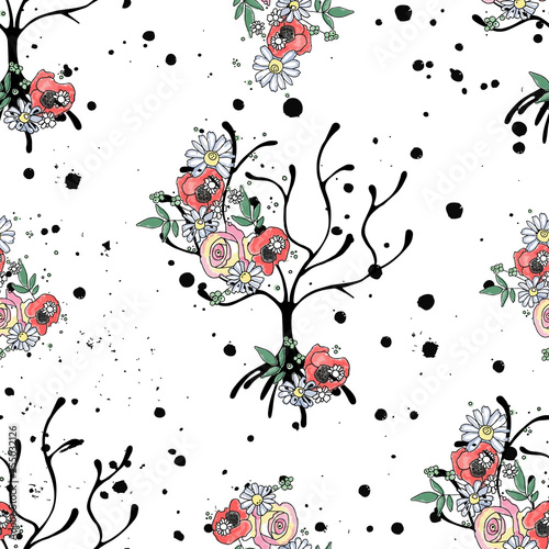 Vector hand drawn seamless pattern graphic illustration of tree with flowers leaves branch, rose, poppy Sketch drawing, doodle style Artistic abstract, watercolor wirh drip blot splotch ink splodge 