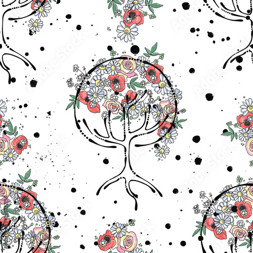 Vector hand drawn seamless pattern graphic illustration of tree with flowers leaves branch, rose, poppy Sketch drawing, doodle style Artistic abstract, watercolor wirh drip blot splotch ink splodge 