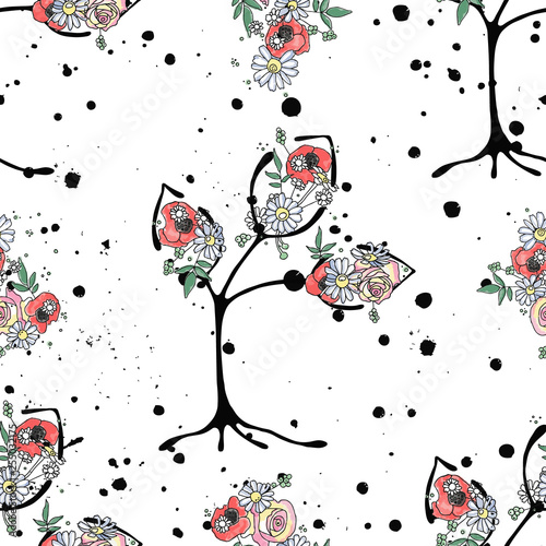 Vector hand drawn seamless pattern graphic illustration of tree with flowers leaves branch, rose, poppy Sketch drawing, doodle style Artistic abstract, watercolor wirh drip blot splotch ink splodge 