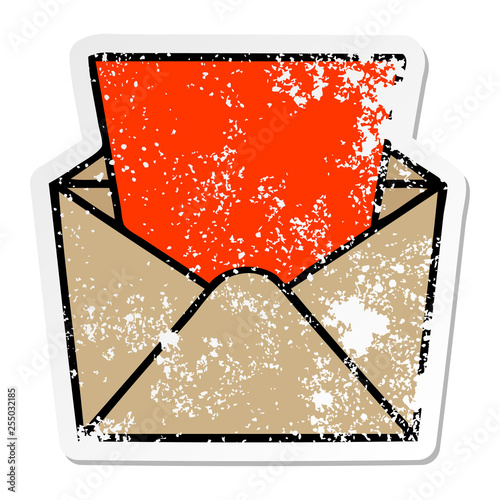 distressed sticker of a quirky hand drawn cartoon letter and envelope