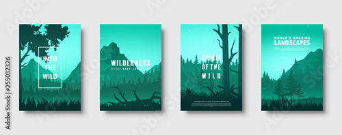 Mountains and forest. Wild nature landscape. Travel and adventure.Panorama. Into the woods. Horizon line.Trees fog. Vector illustration.