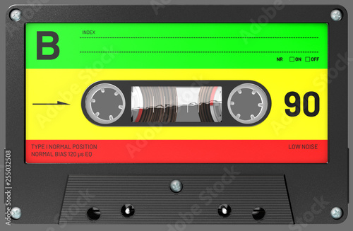 3d illustration of an rastafarian colored audio cassette with sticker and label