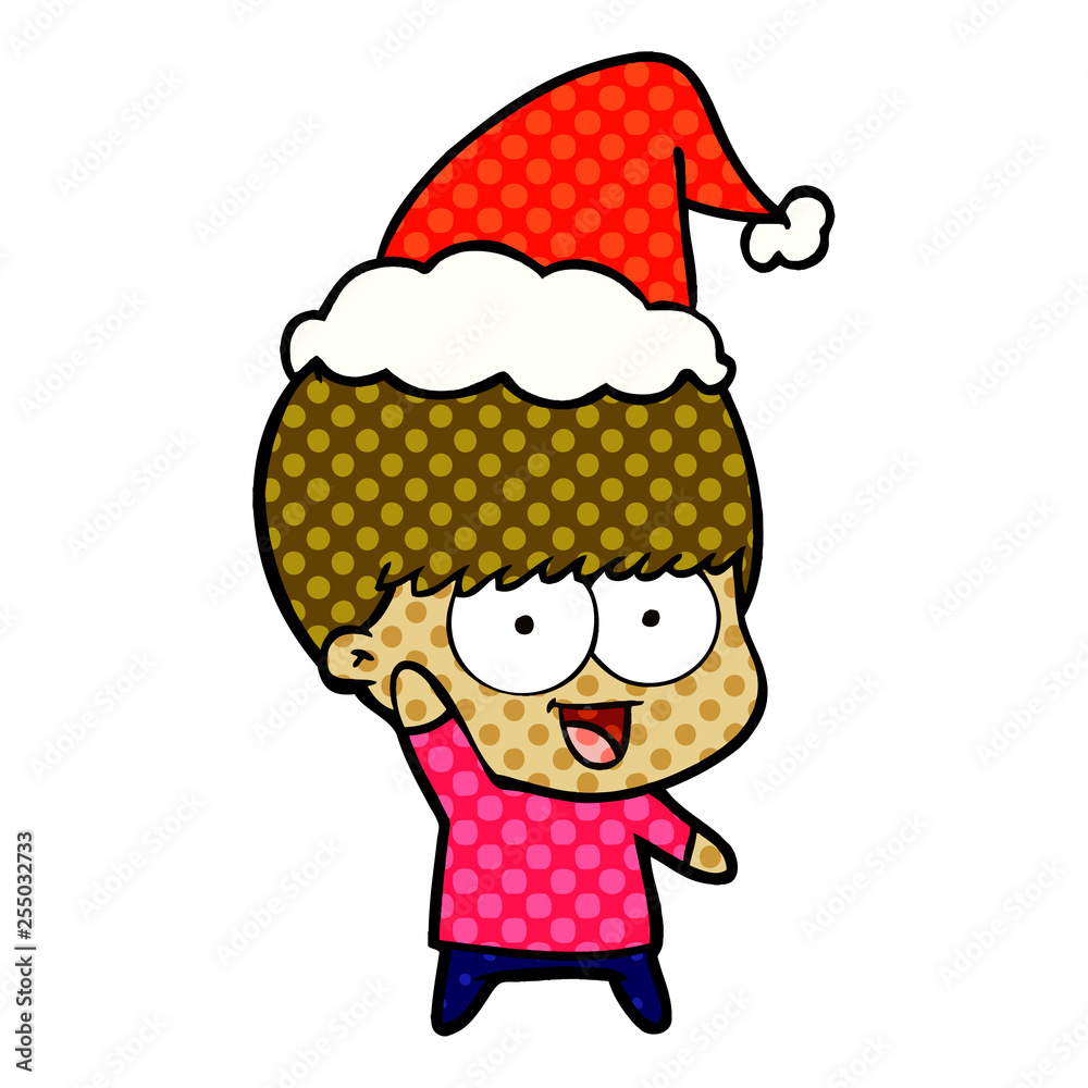 happy comic book style illustration of a boy waving wearing santa hat