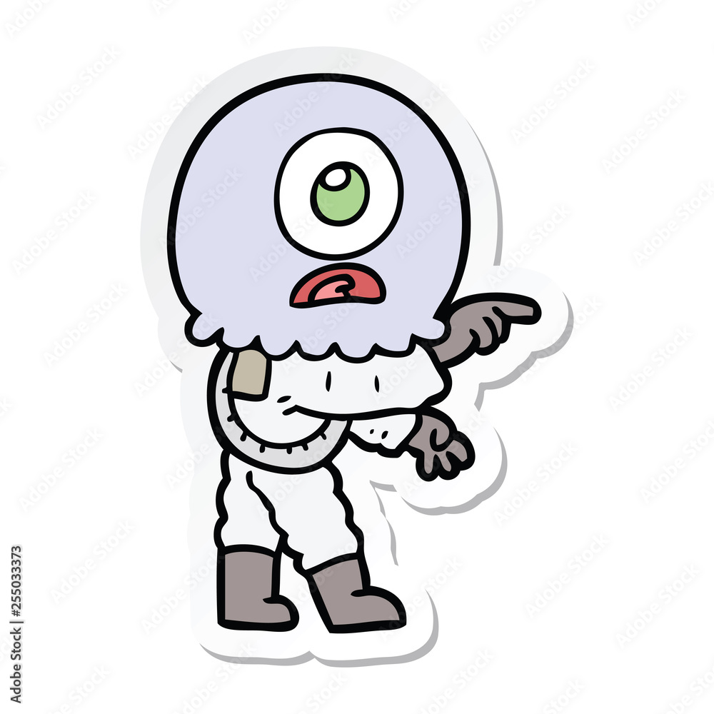 sticker of a cartoon cyclops alien spaceman pointing