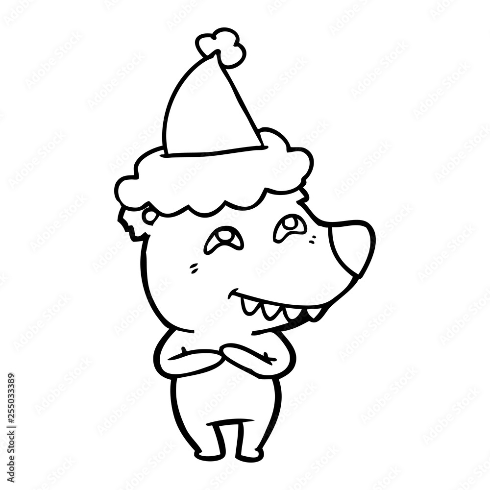 line drawing of a bear showing teeth wearing santa hat line drawing of a bear showing teeth wearing santa hat