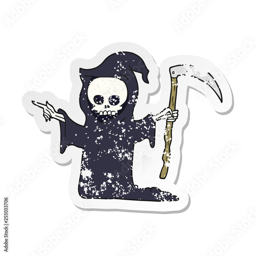 retro distressed sticker of a cartoon death with scythe