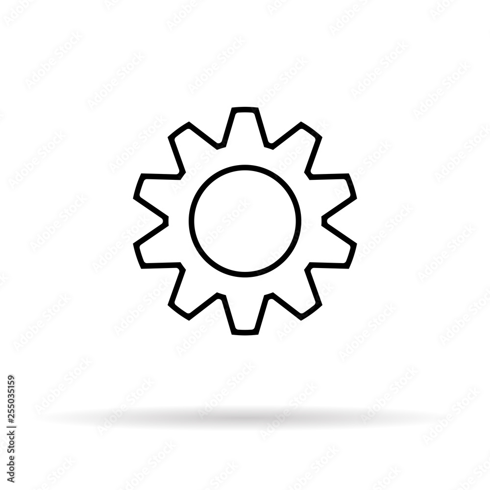 Settings gear icon with shadow. Location object icon.Minimalism style. Vector illustration. Outline sketch. image of thin lines. EPS 10 Settings gear icon with shadow. Location object icon.Minimalism style. Vector illustration. Outline sketch. image of thin lines. EPS 10