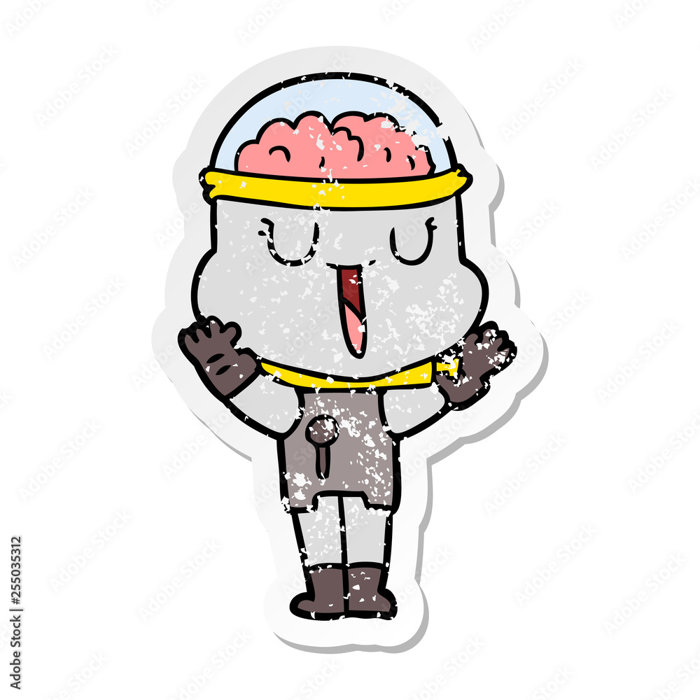 distressed sticker of a happy cartoon robot