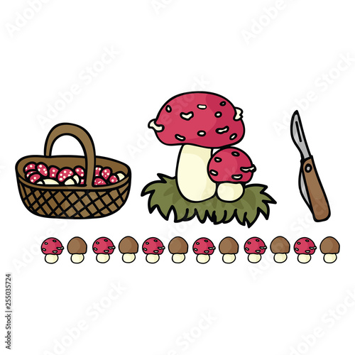 Cute mushroom foraging with basket cartoon vector illustration motif set.