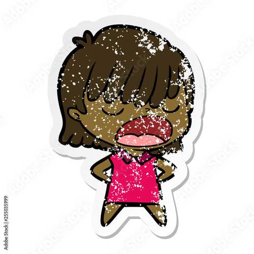 distressed sticker of a cartoon woman talking loudly