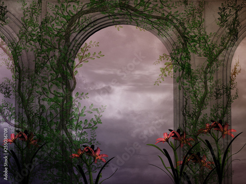 3d illustration graphic background of arch with creepers all around with space in center