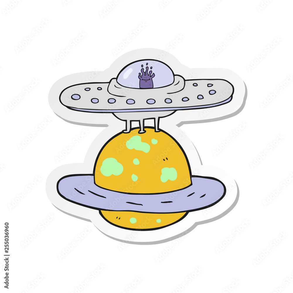 sticker of a cartoon flying saucer sticker of a cartoon flying saucer