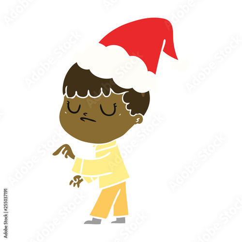 flat color illustration of a grumpy boy wearing santa hat
