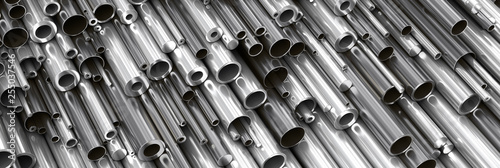Close-up set of different diameters metal round tubes, pipes, gun barrels  an...