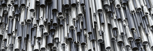 Close-up set of different diameters metal round tubes and kernels. Industrial 3d illustration
