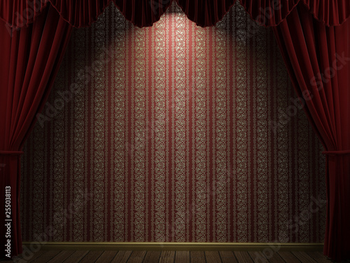 3d illustration graphic background of a wallpaper and red curtains with light shade in between