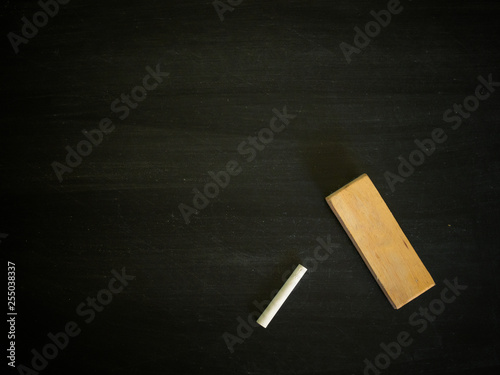 Blank blackboard , chalk and eraser.