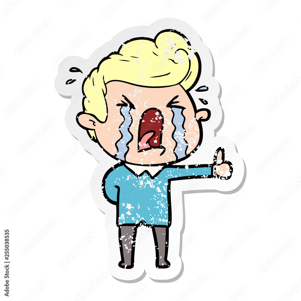 distressed sticker of a cartoon crying man distressed sticker of a cartoon crying man