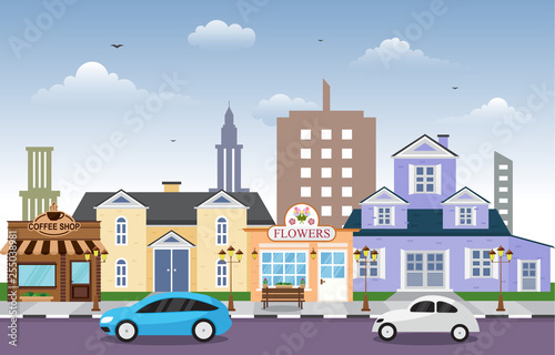 Shop Store Small Business Landscape in Town Urban with Tree Sky Illustration © jongjawi