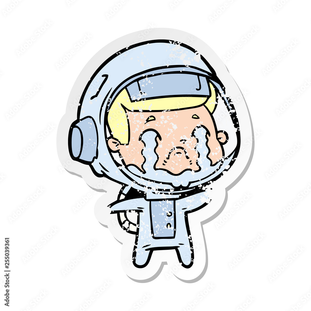 distressed sticker of a cartoon crying astronaut distressed sticker of a cartoon crying astronaut