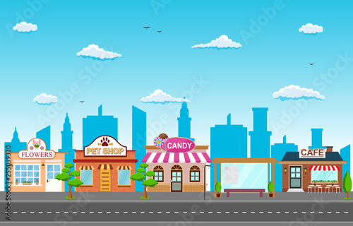 Shop Store Small Business Landscape in Town Urban with Tree Sky Illustration