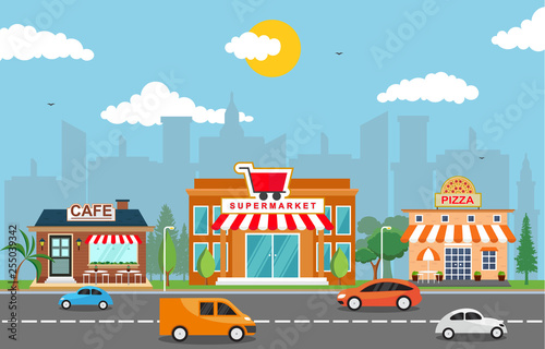 Shop Store Small Business Landscape in Town Urban with Tree Sky Illustration
