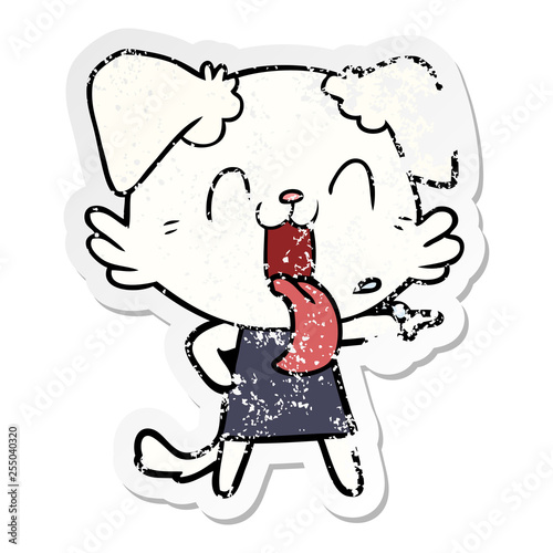 distressed sticker of a cartoon panting dog in dress