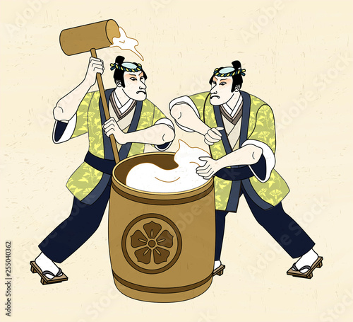 Man pounding mochi in Ukiyo-e style