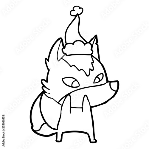 shy line drawing of a wolf wearing santa hat