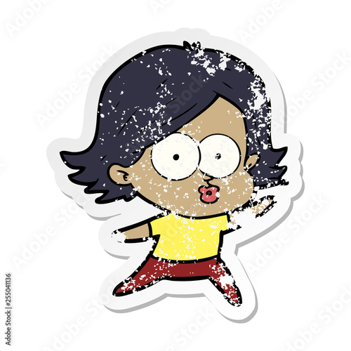 distressed sticker of a cartoon girl pouting