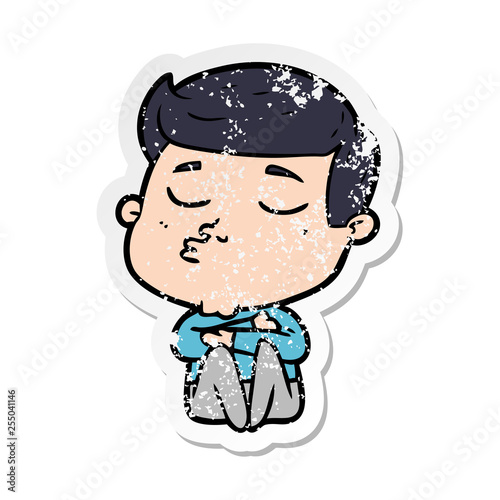 distressed sticker of a cartoon model guy pouting