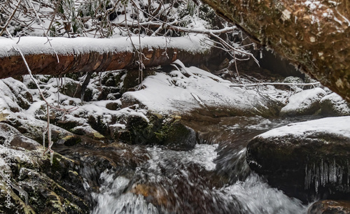 Cascading mountain stream with snow covered boulders